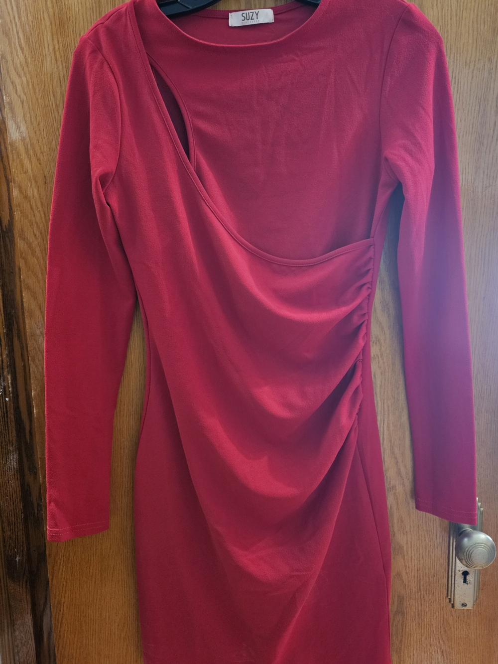 Suzy Shier Red Draped Long-Sleeve Midi Dress